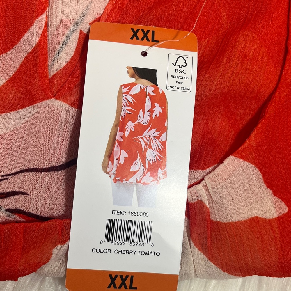 NWT Cristina B Cherry Tomato Red White Floral Sleeveless Semi-Sheer Blouse - Picture 8 of 11